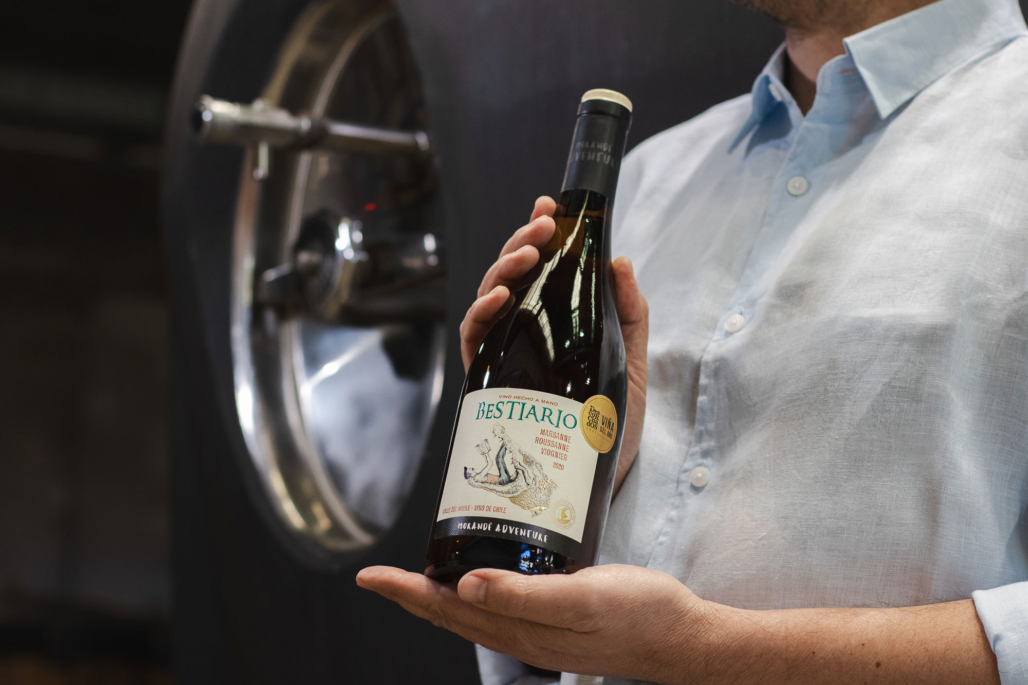 Viña Morandé's Bestiario bottle placed in the hands of winemaker Ricardo Baettig.
