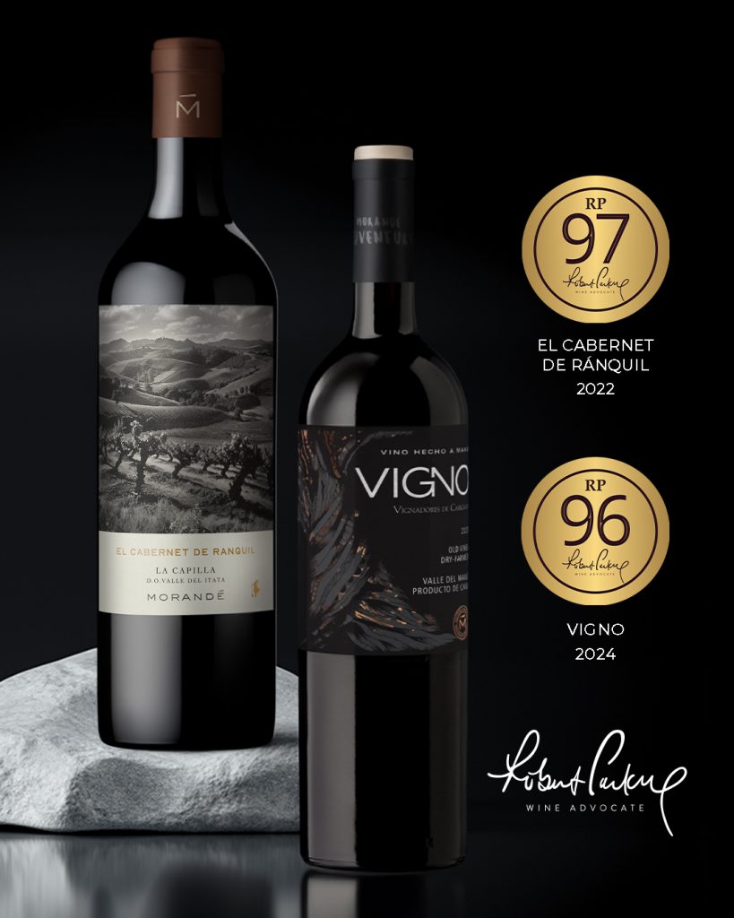 Botellas de El Cabernet de Ránqul y Morandé VIGNO con medallas Robert Parker Wine Advocate